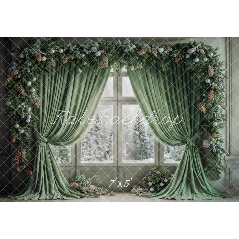 Kate Winter Christmas Green Curtain Framed Window Backdrop Designed by Emetselch 7x5ft - small kids sitting / cake smash Microfiber (Printed)