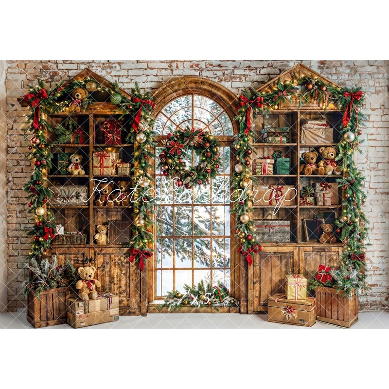 Kate Winter Christmas Teddy Bear Arched Window Gift Store Backdrop Designed by Emetselch 7x5ft - small kids sitting / cake smash Microfiber (Printed)