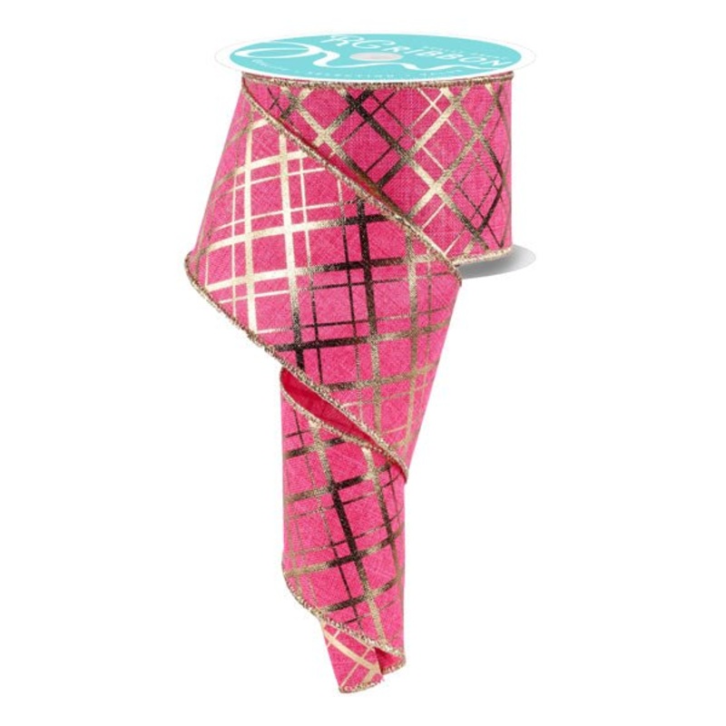 2.5" Thick/Thin Diagonal Check Ribbon: Hot Pink/Metallic Gold - 10yds