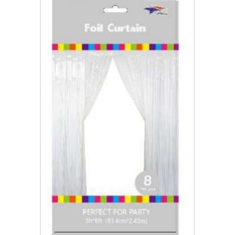 White 3 x 8 Metallic Fringe Foil Curtain