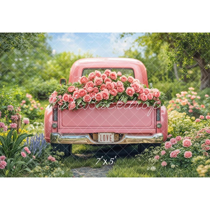 Kate Valentine Pink Truck Rose Garden Backdrop Designed by Emetselch Microfiber (Printed) 7x5ft - small kids sitting / cake smash