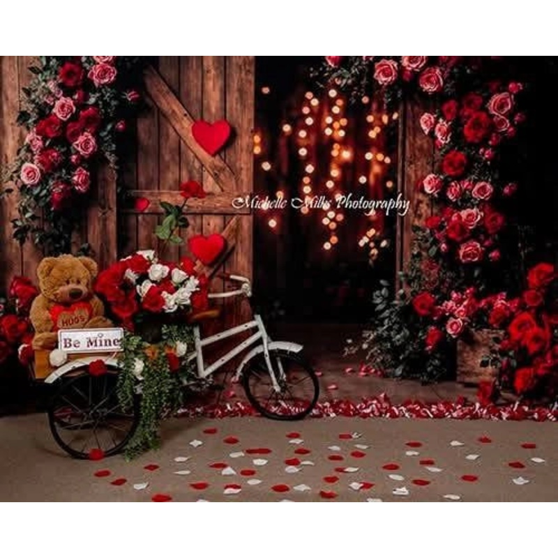 Kate Valentine's Day Wooden Door Rose Heart Backdrop Designed by Emetselch Microfiber (Printed) 7x5ft - small kids sitting / cake smash