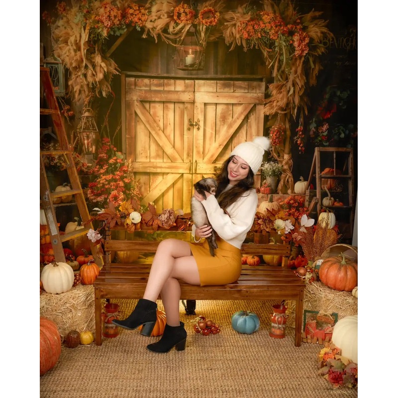 Kate Autumn Pumpkin Barn Backdrop Designed by Emetselch 7x5ft - small kids sitting / cake smash Microfiber (Printed)