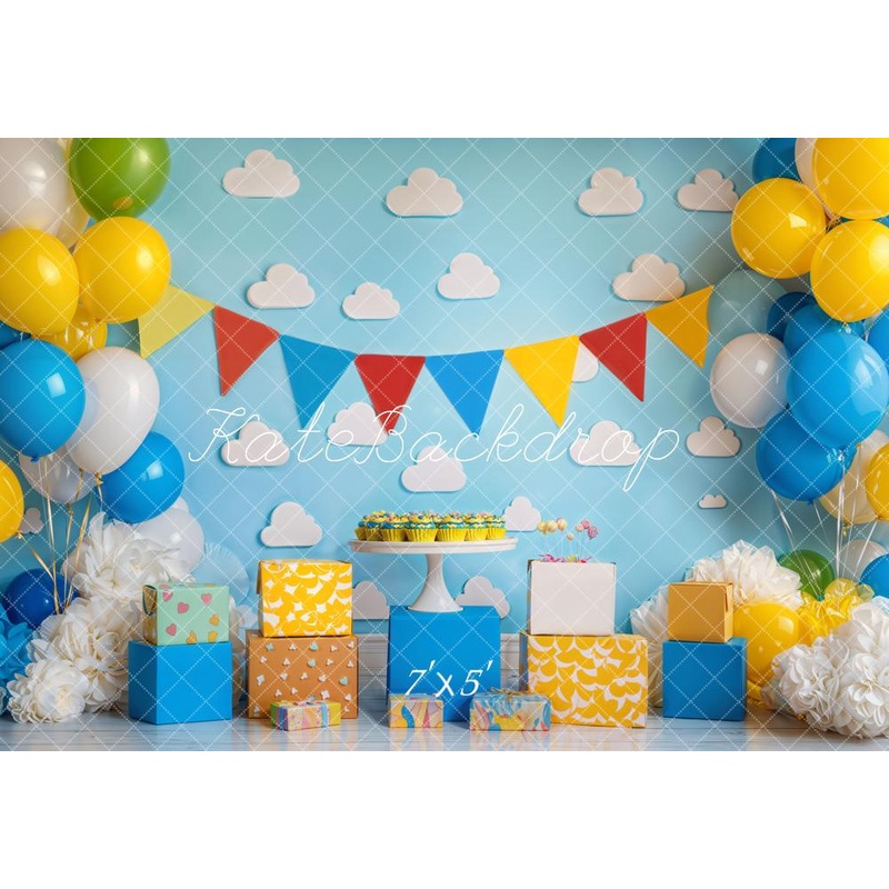 Kate Birthday Party Colorful Toy Balloons Backdrop Designed by Emetselch Microfiber (Printed) 7x5ft - small kids sitting / cake smash