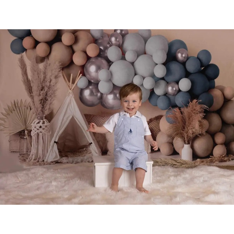 Kate Boho Balloons Tent Backdrop Matte Blue Designed by Mandy Ringe Photography Microfiber 7x5ft - small kids sitting / cake smash