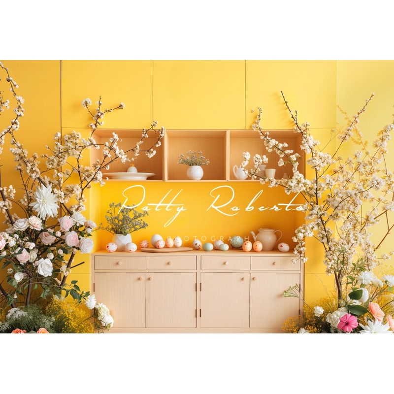 Kate Yellow Easter Kitchen Backdrop Designed by Patty Robert 7x5ft - small kids sitting / cake smash Microfiber (Printed)