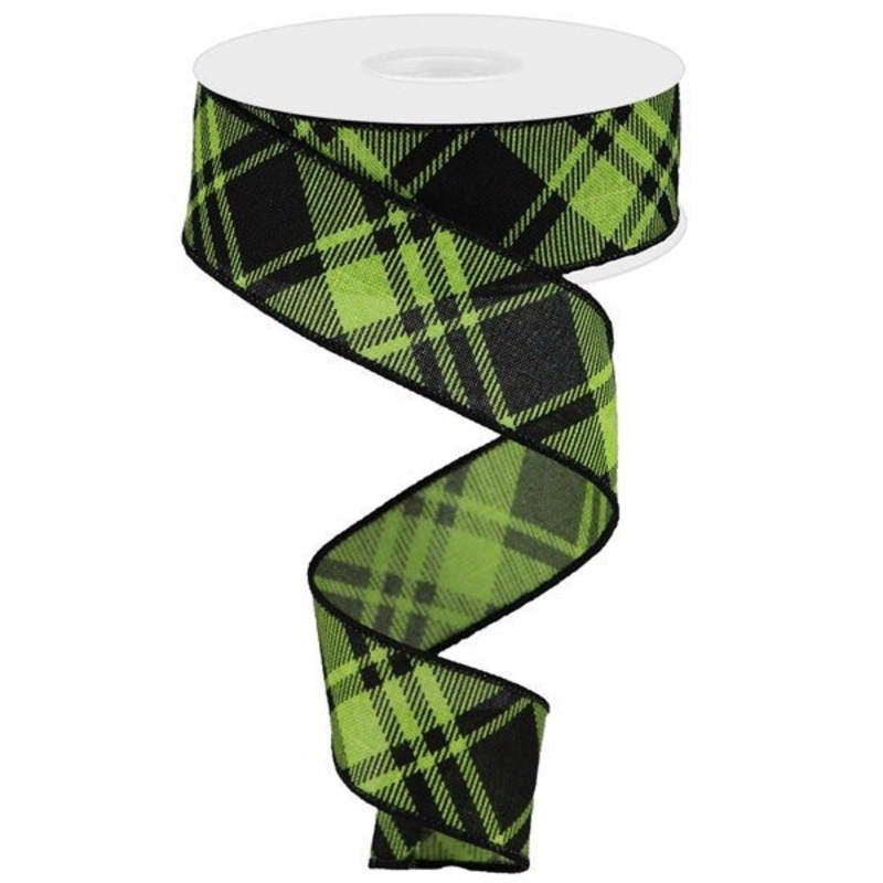 1.5" Diagonal Check Ribbon: Lime Green/Black- 10yds