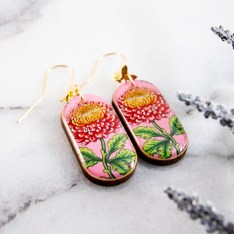 No Man's Land - Pink Chrysanthemum Flower Oblong Earrings