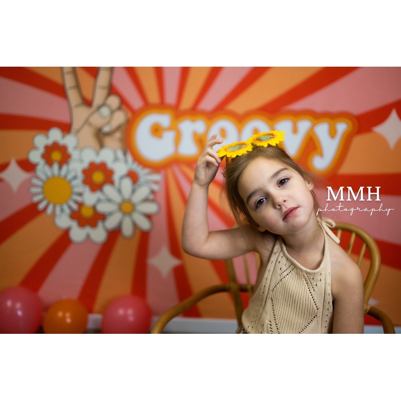 Kate 2 Groovy - 1970s Inspired 2nd Birthday Peace Flower Theme Backdrop Designed by Melissa McCraw-Hummer 7x5ft - small kids sitting / cake smash Microfiber (Printed)