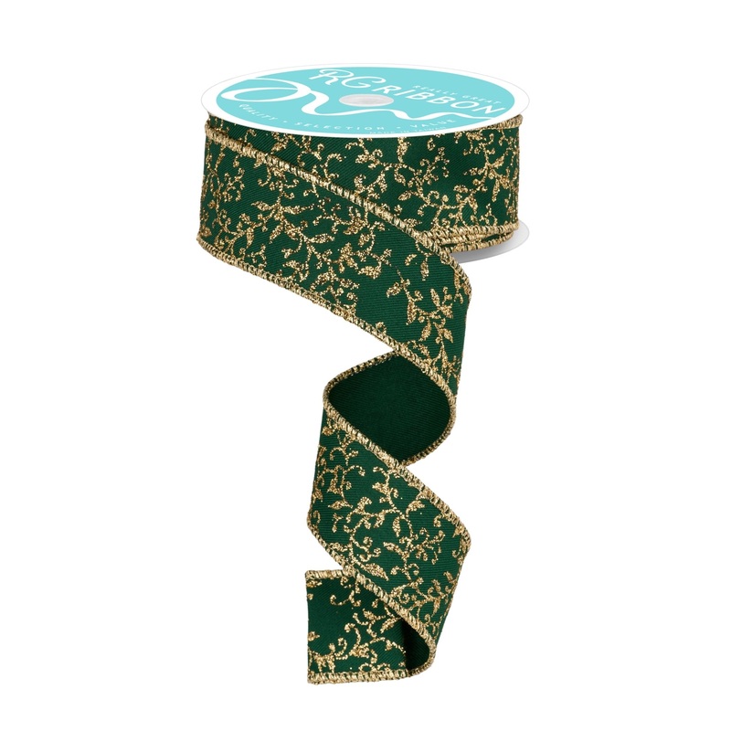 1.5" Glitter Mini Leaf Vines Ribbon: Hunter Green/Gold