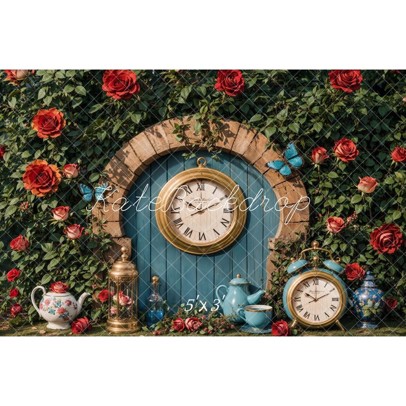 Kate Valentine Vintage Clock Garden Backdrop Designed by Emetselch Microfiber (Printed) 7x5ft - small kids sitting / cake smash