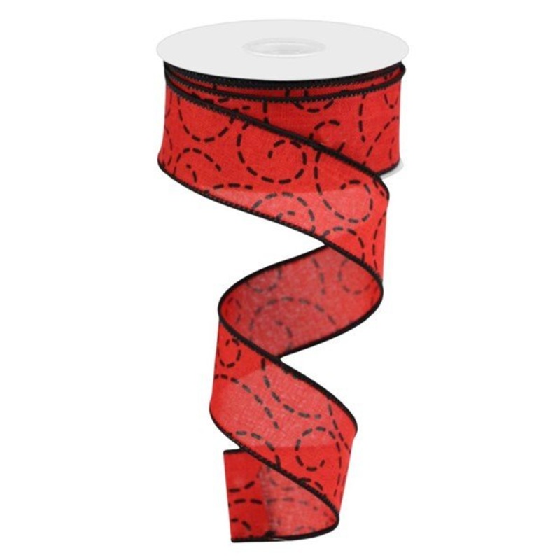 1.5" Dashed Swirl Ribbon: Red/Black - 10yds