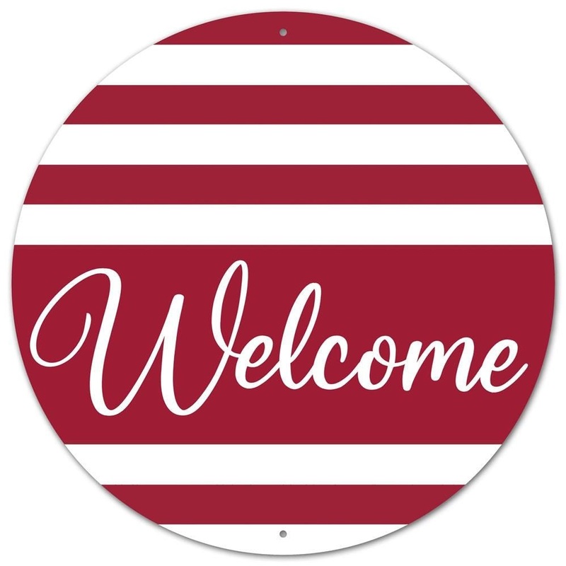 12" Metal Welcome Stripes Sign: Red/Wht