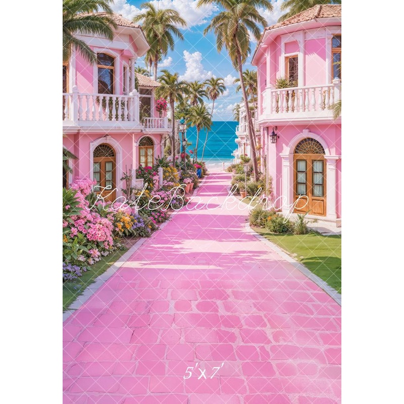 Kate Beach Pink Fashion Doll Fantasy Villa Backdrop Designed by Emetselch Microfiber (Printed) 5x7ft(1.5x2.2m)