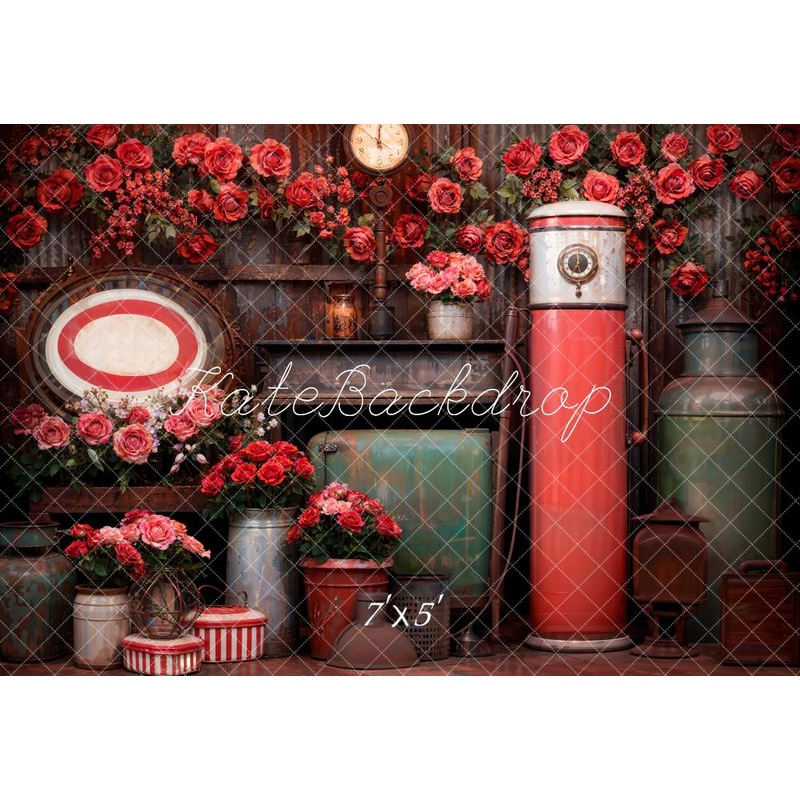 Kate Vintage Floral Gas Pump Clock Backdrop Designed by Emetselch Microfiber (Printed) 7x5ft - small kids sitting / cake smash