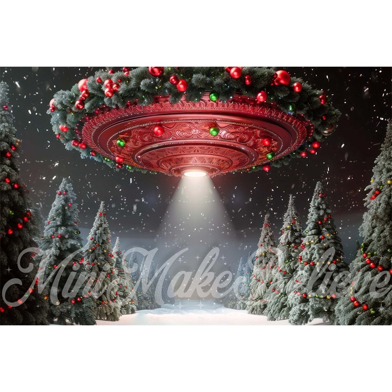 Kate Winter Christmas Forest Grand Red UFO Backdrop Designed by Mini MakeBelieve 7x5ft - small kids sitting / cake smash Microfiber (Printed)