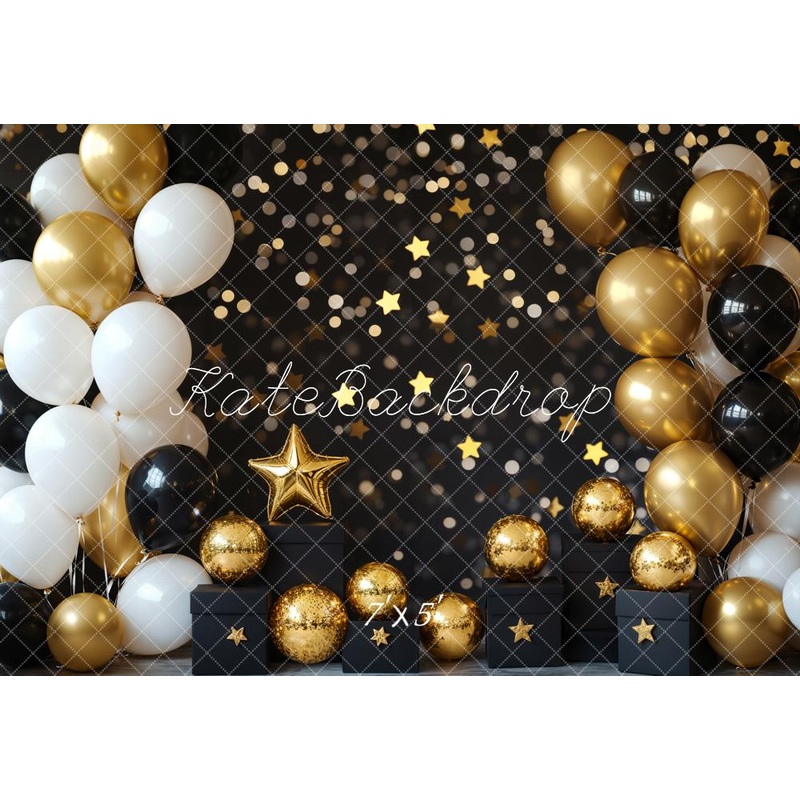 Kate Cake Smash Gold and Black Balloon Backdrop Designed by Emetselch Microfiber (Printed) 7x5ft - small kids sitting / cake smash