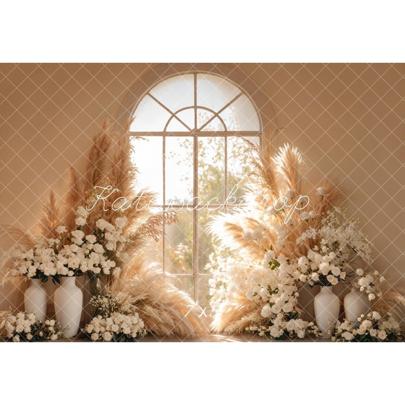 Kate Boho Floral Window Pampas Grass Backdrop Designed by Emetselch Microfiber (Printed) 7x5ft - small kids sitting / cake smash
