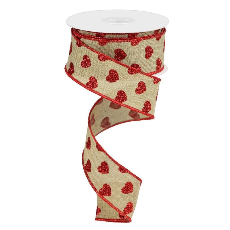 1.5" Glitter Hearts Ribbon: Lt Beige/Red - 10yds