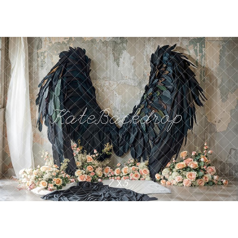 Kate Black Angel Wings Floral Backdrop Designed by Emetselch Microfiber (Printed) 7x5ft - small kids sitting / cake smash