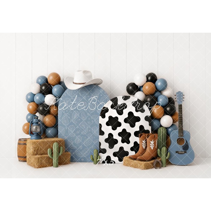 Kate Cake Smash Western Cowboy Boots Blue Backdrop Designed by Ashley Paul Microfiber (Printed) 7x5ft - small kids sitting / cake smash
