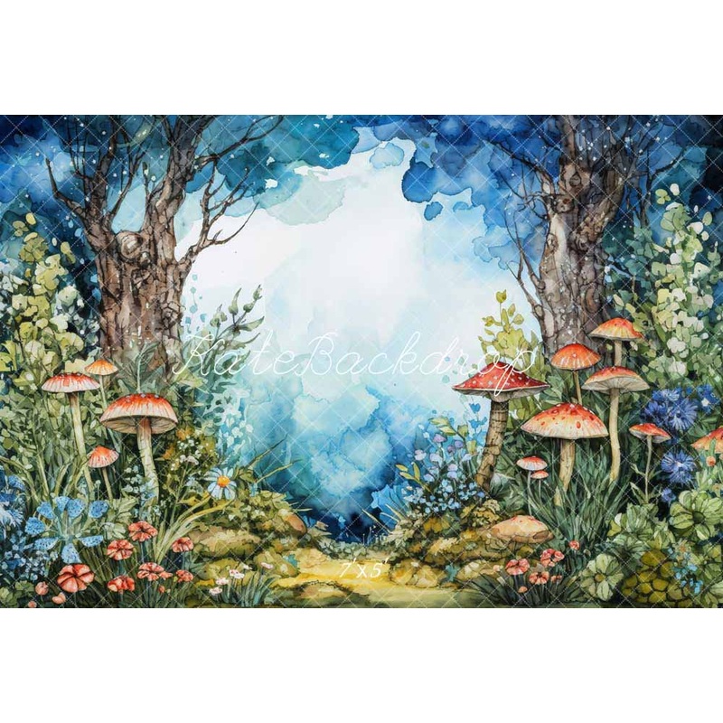 Kate Animated Mushroom Forest Blue Backdrop Designed by Chain Photography 7x5ft - small kids sitting / cake smash Microfiber (Printed)