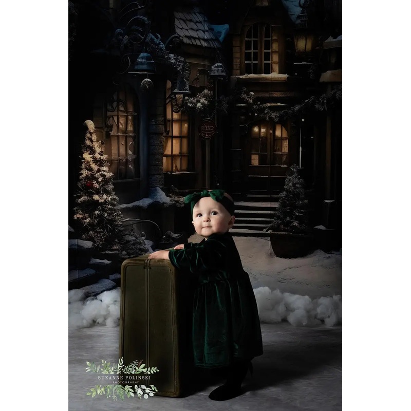Kate Winter Snow Town Backdrop Designed by Happy Squirrel Design 7x5ft - small kids sitting / cake smash Microfiber (Printed)