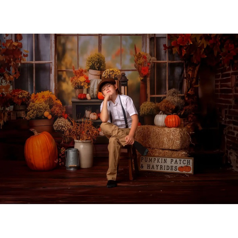 Kate Autumn Fresh Pumpkin Wood Window Backdrop Designed by Chain Photography 7x5ft - small kids sitting / cake smash Microfiber (Printed)