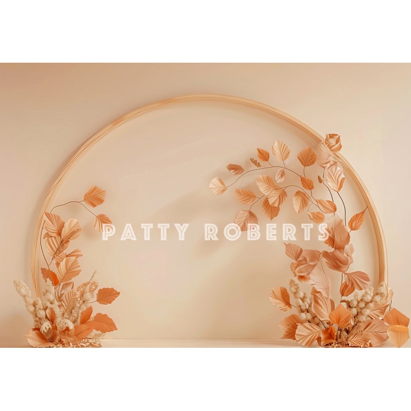 Kate Autumn Fallen Leaves Beige Wooden Arched Wall Backdrop Designed by Patty Robert 7x5ft - small kids sitting / cake smash Microfiber (Printed)