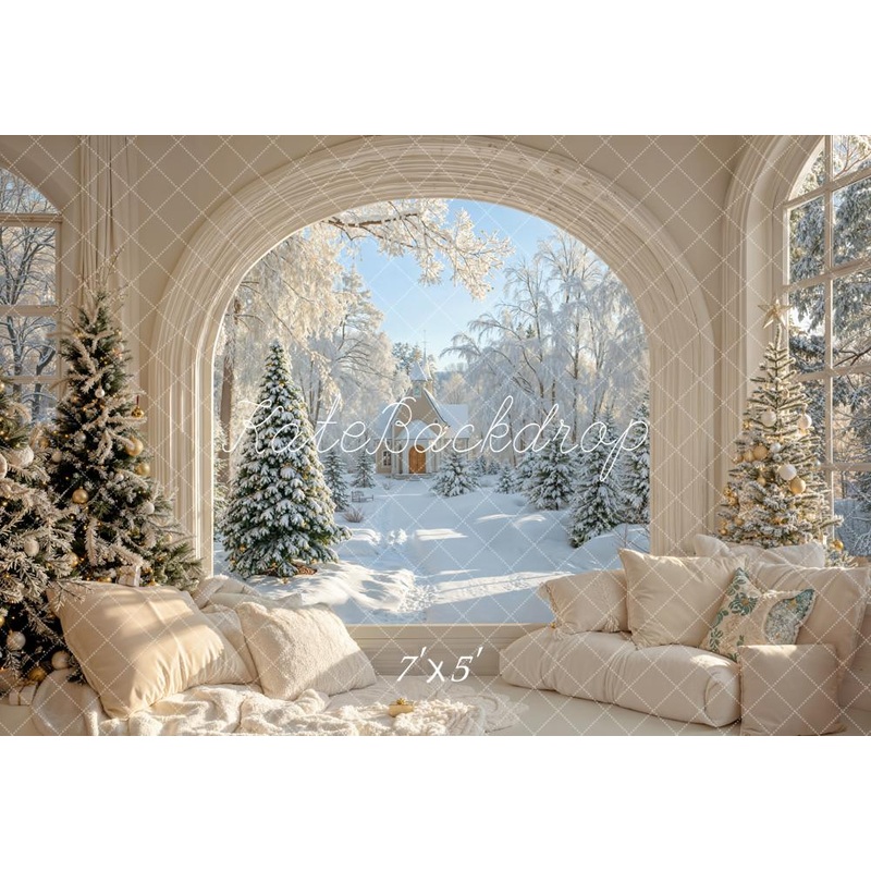 Kate Christmas Arch Snowy Window Tree Cottage Backdrop Designed by Emetselch Microfiber (Printed) 7x5ft - small kids sitting / cake smash