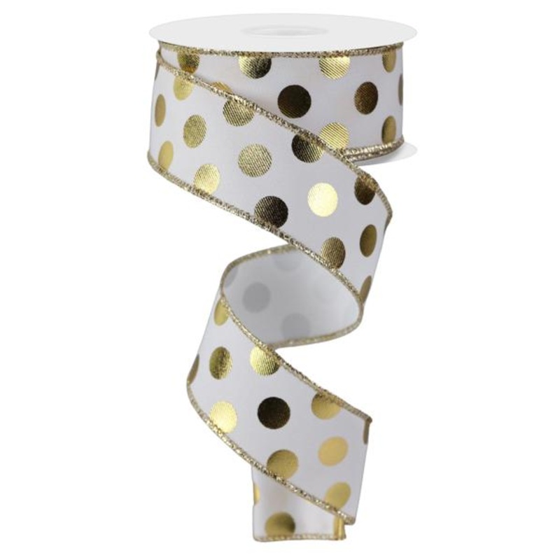 1.5" Metallic Polka Dot Ribbon: White/Gold- 10yds