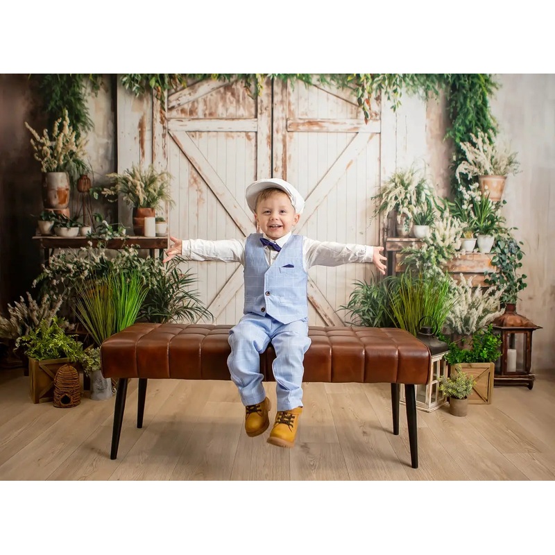 Kate White Wooden Door With Green Plants Backdrop Designed by Emetselch 7x5ft - small kids sitting / cake smash Microfiber (Printed)