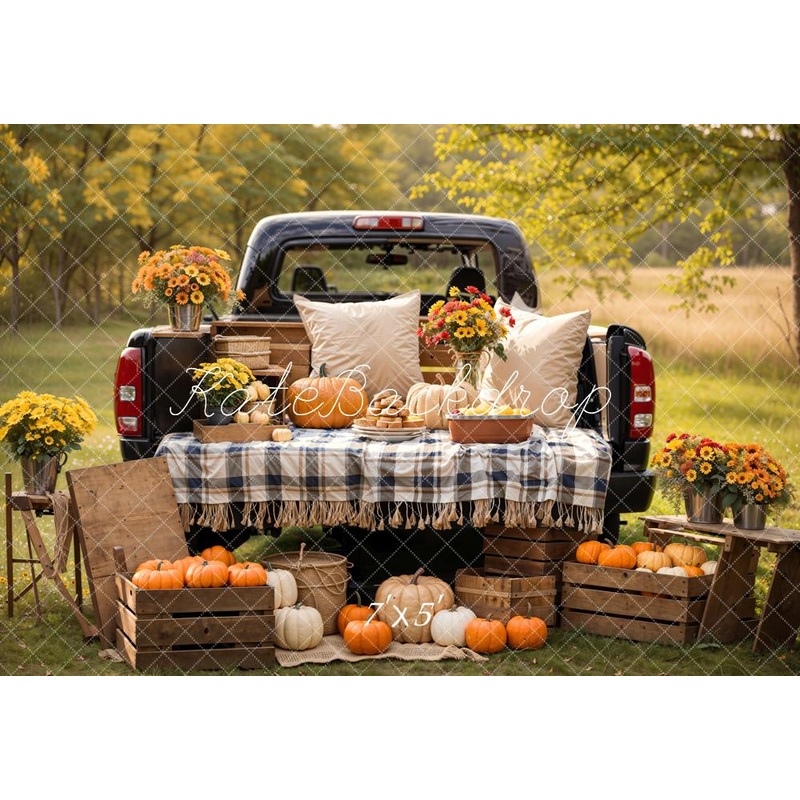 Kate Autumn Forest Colorful Flower Pumpkin Pillow Truck Backdrop Designed by Emetselch 7x5ft - small kids sitting / cake smash Microfiber (Printed)
