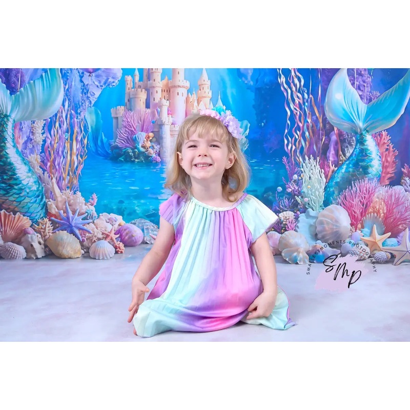 Kate Cake Smash Mermaid Castle Underwater Backdrop Designed by Emetselch Microfiber (Printed) 7x5ft - small kids sitting / cake smash