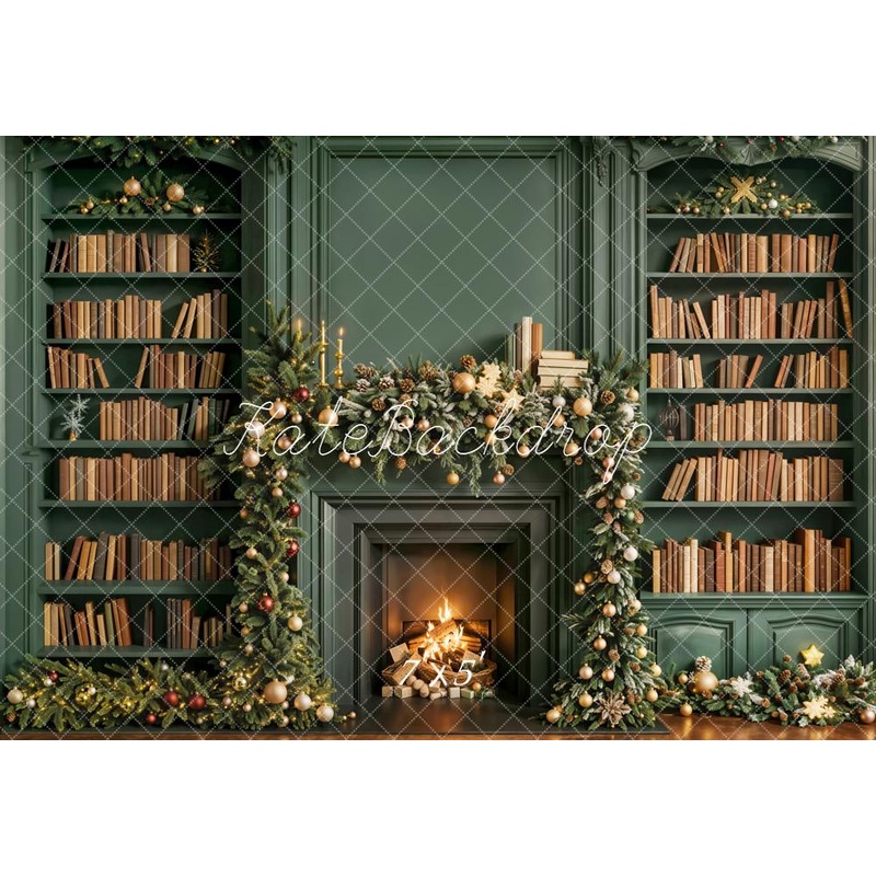 Kate Christmas Fireplace Garland Bookshelf Green Backdrop Designed by Emetselch Microfiber (Printed) 7x5ft - small kids sitting / cake smash