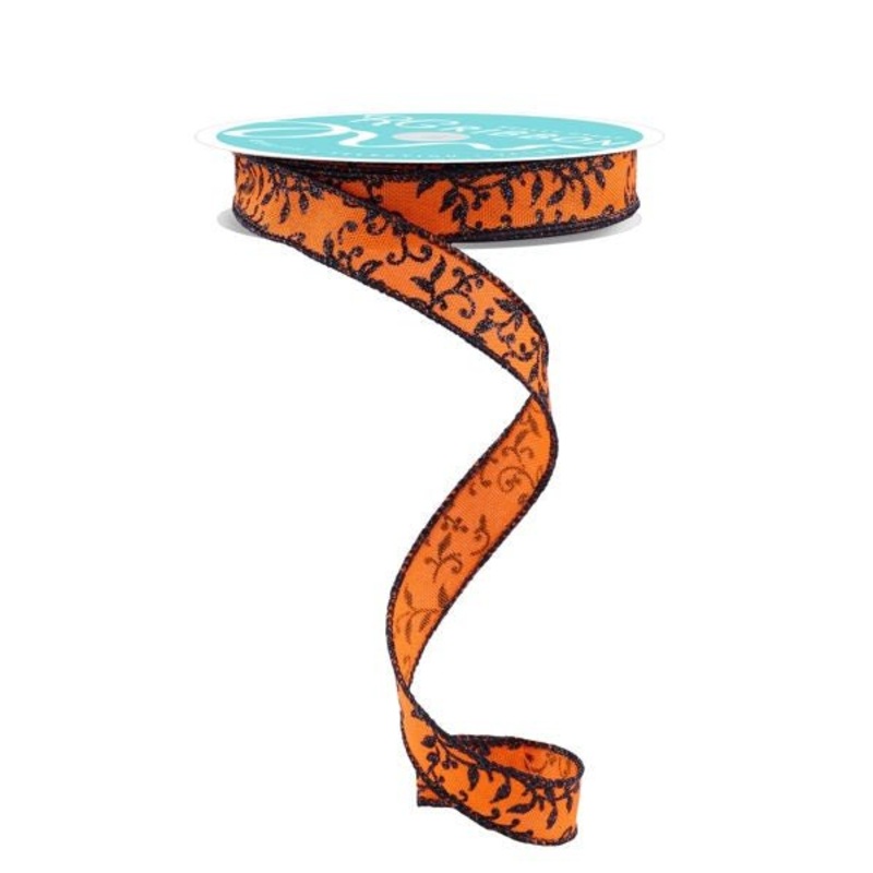 5/8" Glitter Mini Leaf Vines Ribbon: Orange/Black