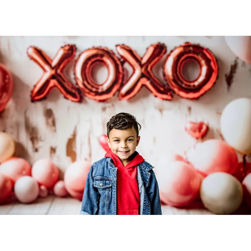 Kate Valentine's XOXO Heart Balloons Backdrop Designed by Emetselch Microfiber (Printed) 7x5ft - small kids sitting / cake smash