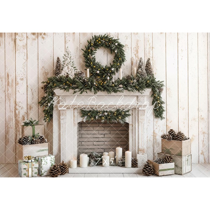 Kate Christmas Fireplace White Wood Wall Backdrop Designed by Emetselch Microfiber (Printed) 7x5ft - small kids sitting / cake smash