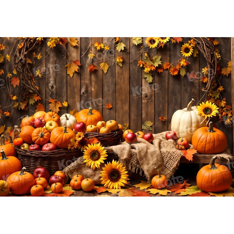 Kate Autumn Pumpkin Apple Wooden Bar Backdrop for Photography 7x5ft - small kids sitting / cake smash Microfiber (Printed)