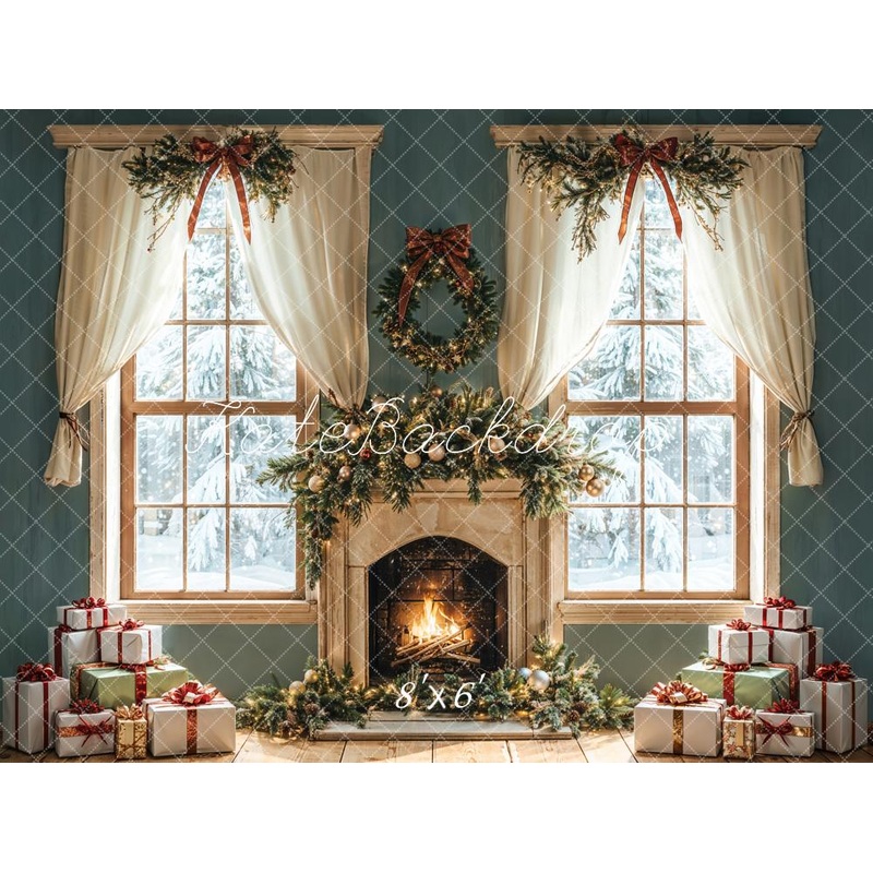 Kate Christmas Fireplace Gifts Window Backdrop Designed by Emetselch Microfiber (Printed) 7x5ft - small kids sitting / cake smash