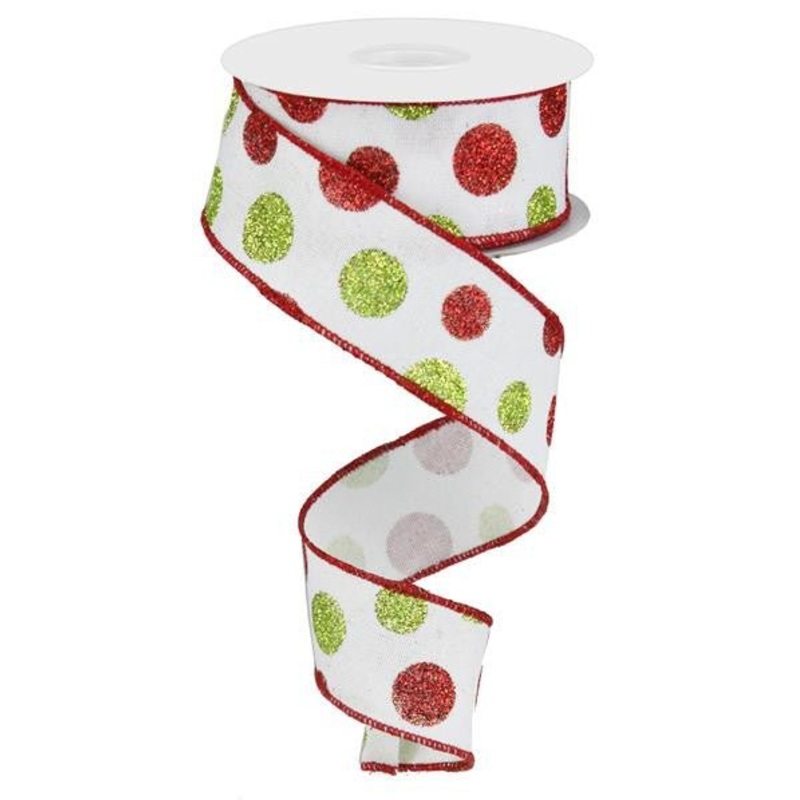 1.5" Multi Glitter Dot Ribbon: Wht/Red/Green - 10yds