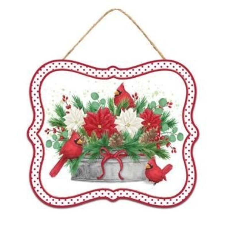 7" Christmas Cardinals Sign: Poinsettia Planter