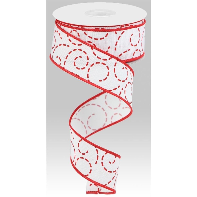1.5" Dashed Swirl Ribbon: White/Red - 10yds