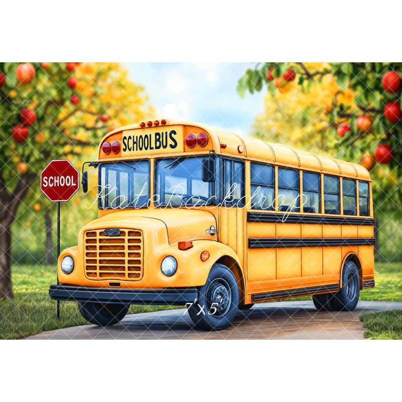 Kate Back to School Yellow Bus Backdrop Designed by Emetselch Microfiber (Printed) 7x5ft - small kids sitting / cake smash