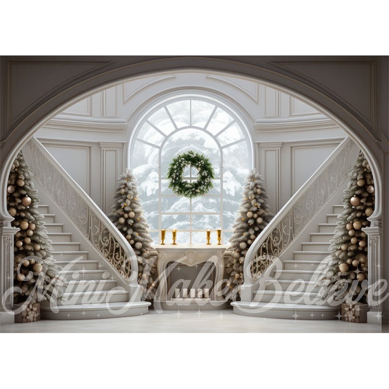 Kate Winter Christmas Grand Staircase with Trees Backdrop Designed by Mini MakeBelieve 7x5ft - small kids sitting / cake smash Microfiber (Printed)