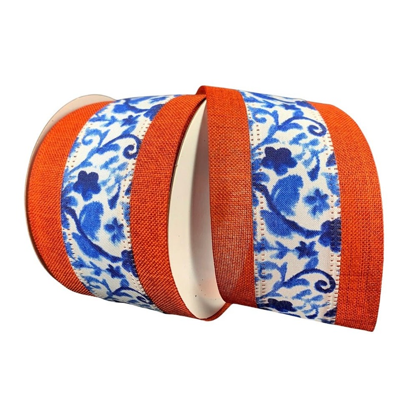 2.5" White/Blue Watercolor Flower with Orange Border Ribbon - 10yds