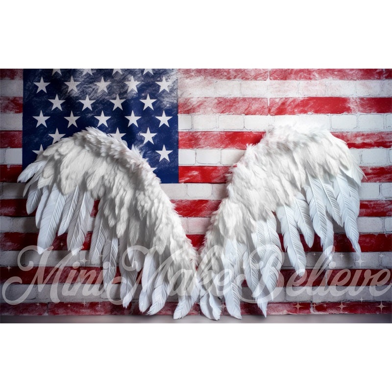 Kate Angel Wings on Brick Wall Independence Day July 4 American Flag Backdrop Designed by Mini MakeBelieve 7x5ft - small kids sitting / cake smash Microfiber (Printed)