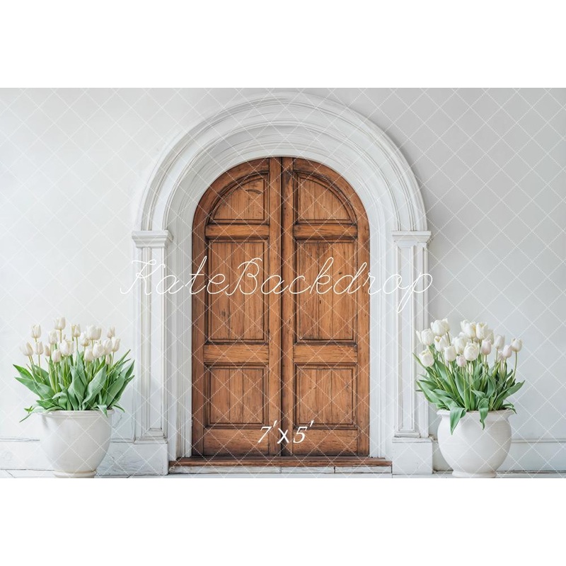 Kate Spring Wooden Arched Door Tulips Backdrop Designed by Emetselch Microfiber (Printed) 7x5ft - small kids sitting / cake smash