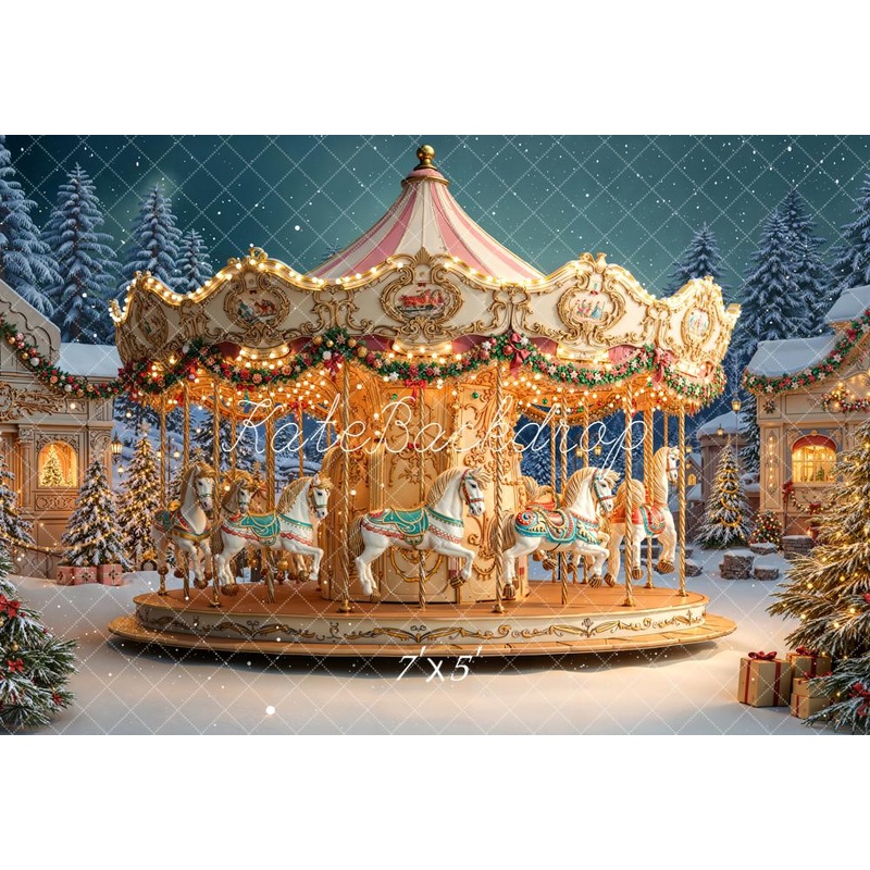 Kate Christmas Carousel Snow Lights Night Backdrop Designed by Emetselch Microfiber (Printed) 7x5ft - small kids sitting / cake smash