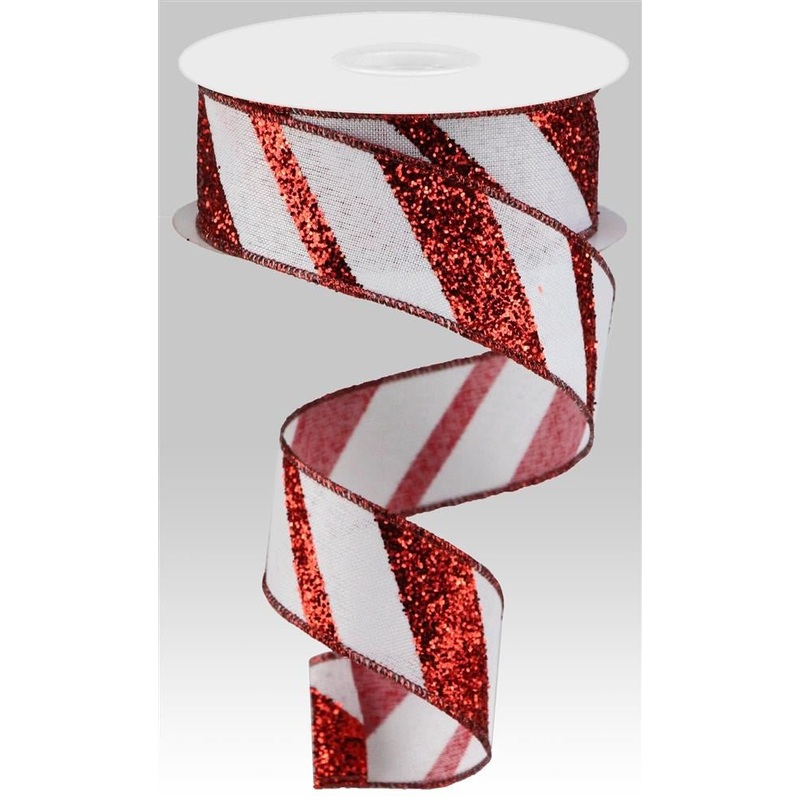 1.5" Diagonal Glitter Stripe Ribbon: Red/White - 10yds